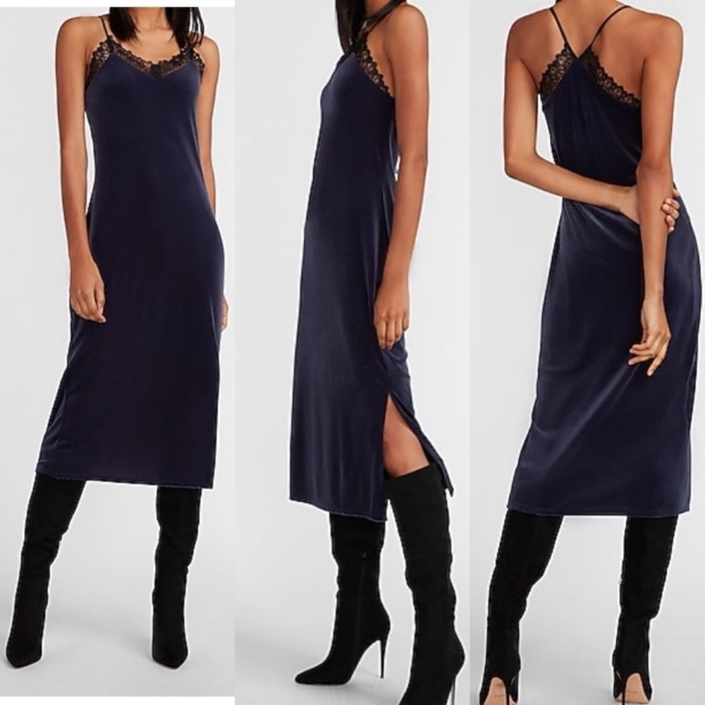Express stretch Velour velvet black Lace Trim Slip Dress midi maxi side slit XS
